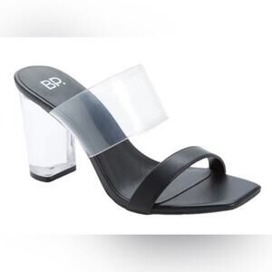 BP Naomi Clear Block Heel Sandals in Black/ Clear Straps.